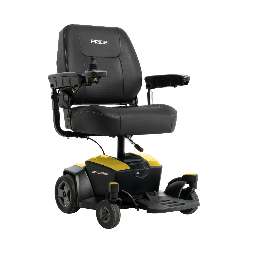 The Pride Mobility Go Chair® Portable Powerchair is a black and yellow foldable electric wheelchair with armrests, right-side joystick control, footrests, and a compact seat—ideal for those with mobility challenges.